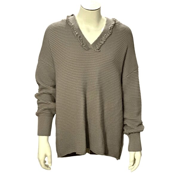 CCC Long Sleeve Hoodie Ribbed Cozy Gray Knit Pullover Sweater Fringed V Neck LG - Picture 8 of 10